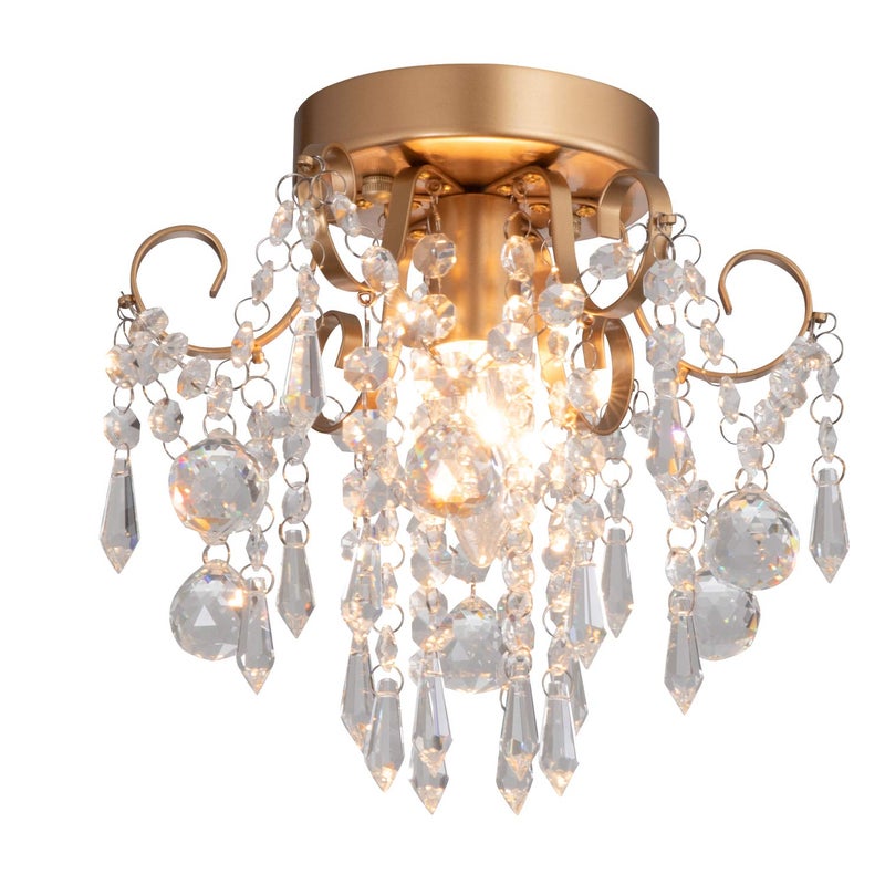 QS Q&S Mini Chandelier Crystal Ceiling Light,Small Flush Mount Gold Light Fixture for Entryway Bedroom Barthroom Hallway Closet E26 - Image 1